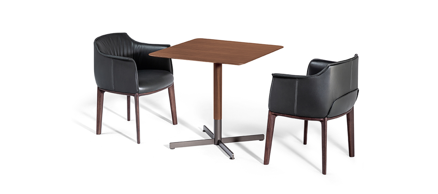 Bob Bistrot round small table by Poltrona Frau, Jean-Marie Massaud design with signature cross-shaped base in burnished steel, sophisticated material combinations including Fenix NTM® or Calacatta gold marble top Bob Bistrot square small table by Poltrona Frau, Jean-Marie Massaud design with cross-shaped burnished brushed steel base, available in Fenix NTM®, Canaletto walnut or Calacatta gold marble top