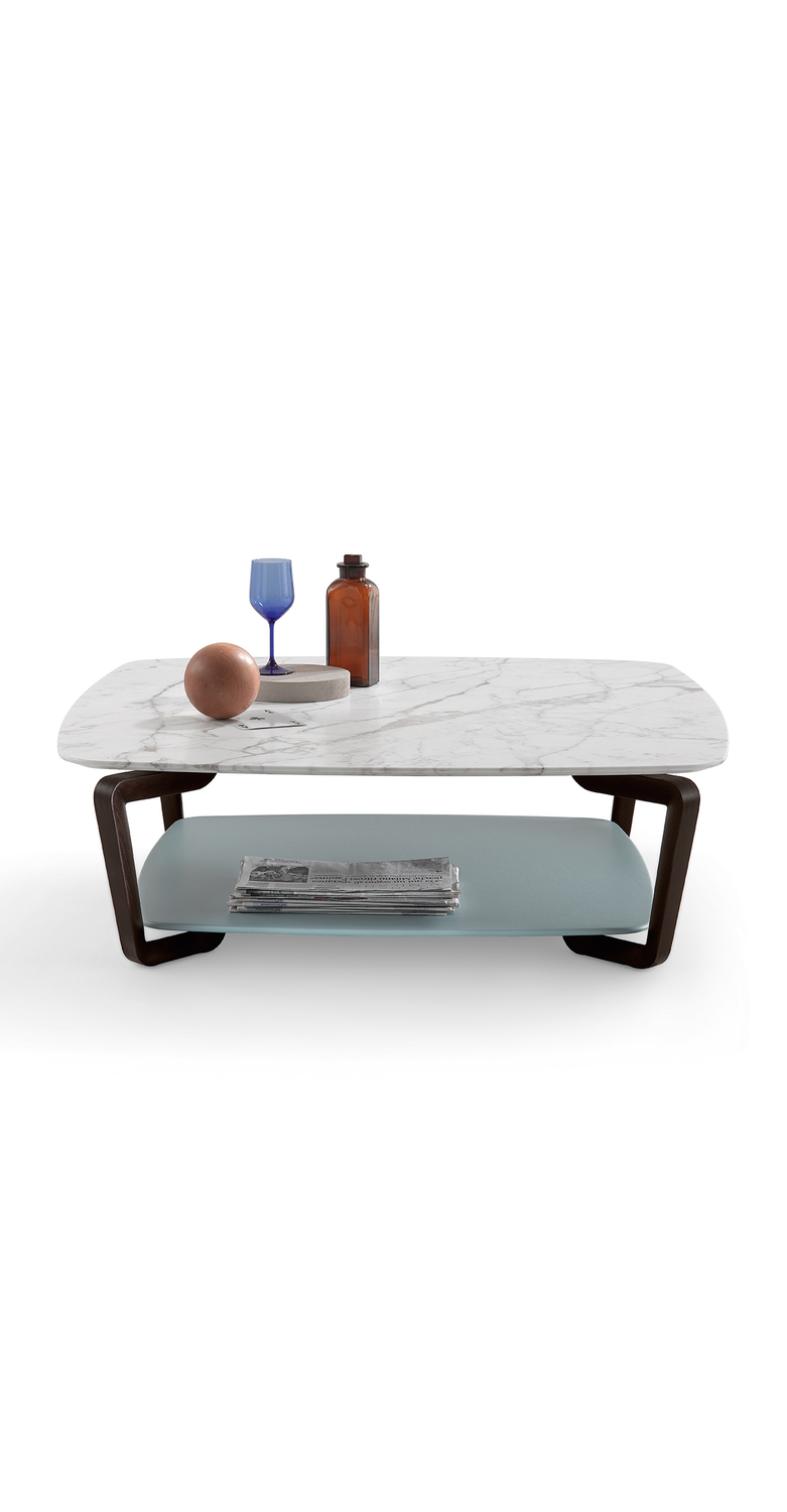 Table basse Fiorile double plateau de Poltrona Frau, base en frêne moka ou wengé, plateau en Pelle Frau® ou bois marqueté, design italien raffiné