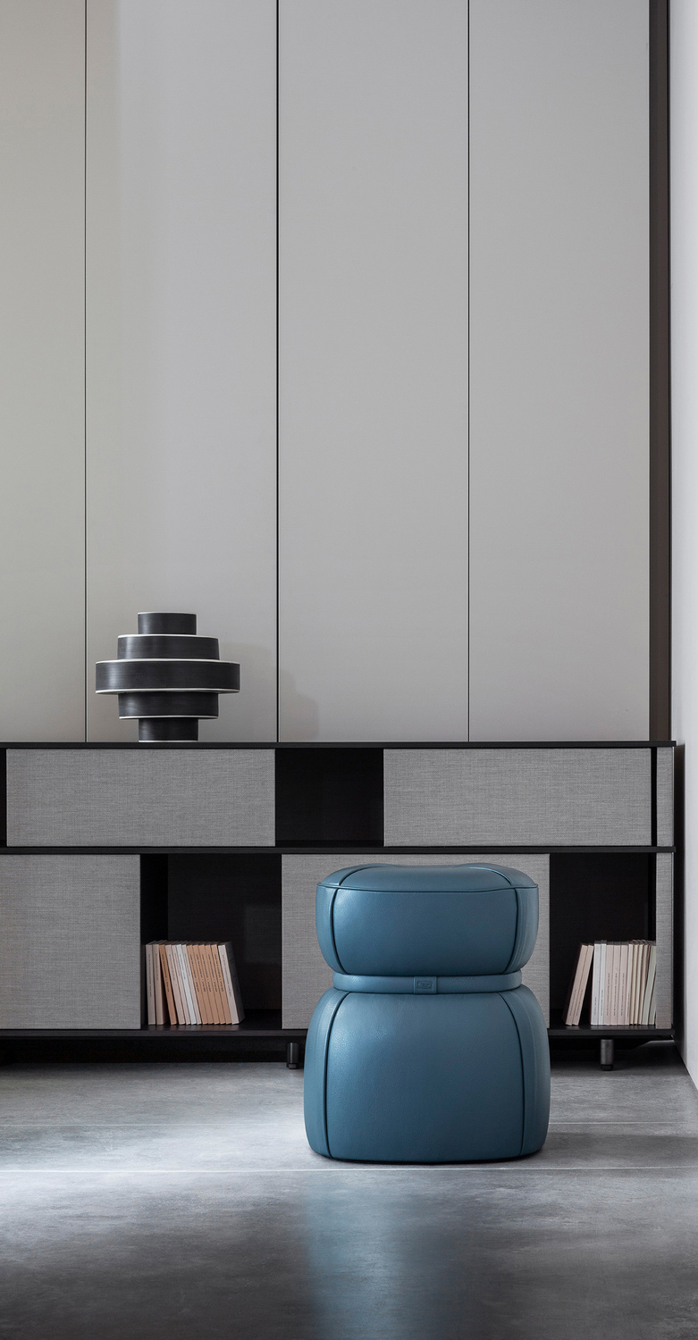 Lloyd Tex Low Cabinet bookcase by Poltrona Frau, semi-transparent Light/Dark Techno-fabric panels, lead oak finish, Italian luxury design