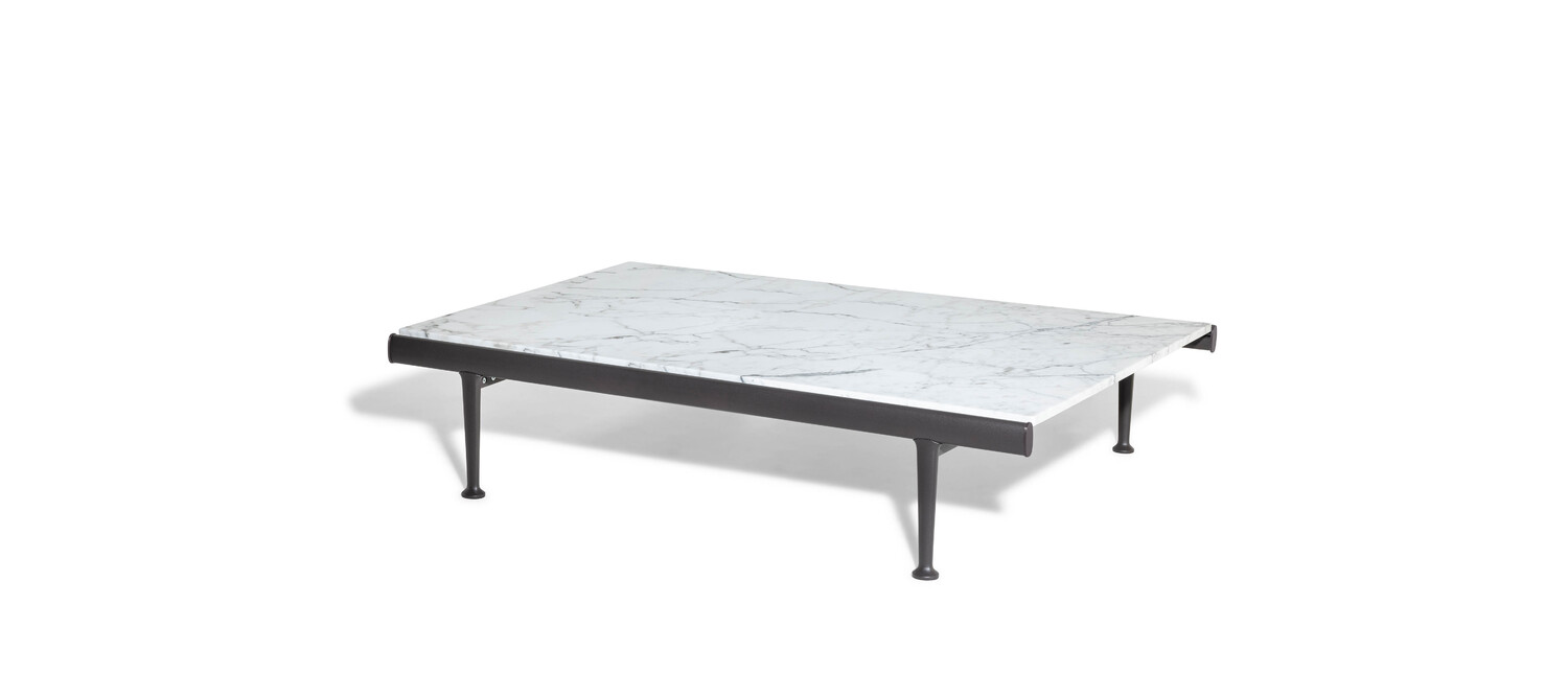 Souvenir d'Italie | 150x75cm Small Table Souvenir d’Italie 150x75 cm outdoor small table by Poltrona Frau, natural Arabescato marble top, extruded aluminum frame lacquered in Gesso and Basalto, Italian luxury design