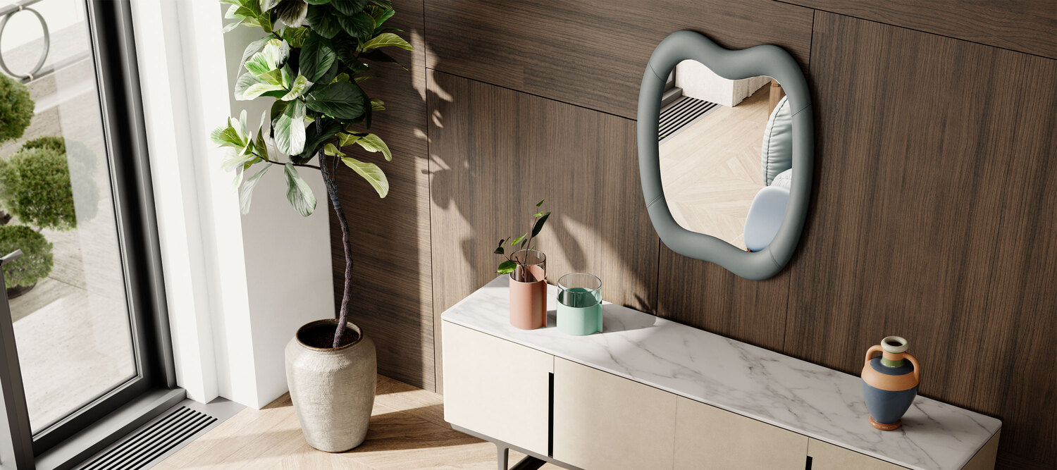 Squash | 壁镜 Poltrona Frau Squash 壁镜,Pelle Frau® ColorSphere®皮革弯曲边框,意大利奢华工艺设计